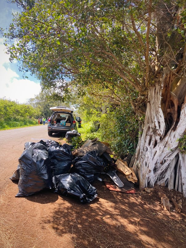Collected trash bags and discarded materials stacked near a vehicle on Holomua Road