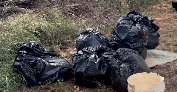 Black bags of roadside waste collected during the June 16 community cleanup