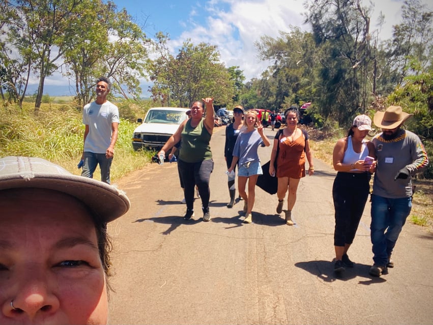 Cleanup volunteers walking together along Holomua Road