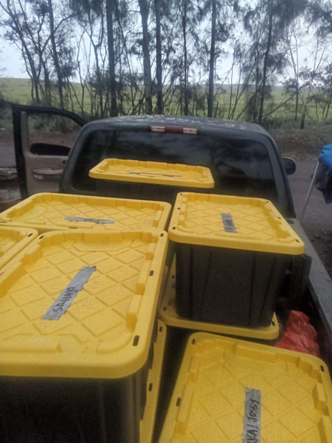 Large yellow-lidded storage bins arranged in a truck bed